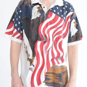 Vintage 90'S American Summer  Navy Red White Patriotic Eagle Polo Golf Shirt